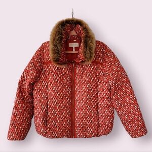 Rare ESCADA Puffer Down Filled Full Zip Jacket Lipstick Print‎ Fur Hood Size 42